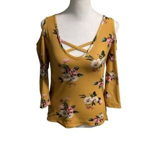 Rue21 XS Mustard Floral Print Cold Shoulder CrissCross Neckline Top